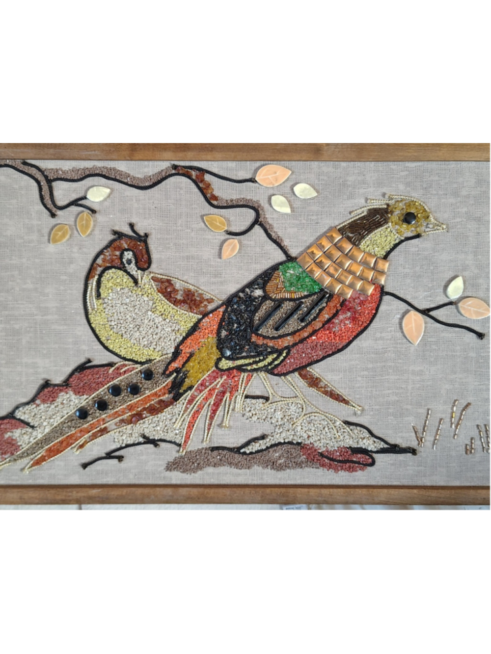 Vintage LRG Gravel Pebble Art Mid Century Modern Bird Pheasants Wall Art Picture - Picture 4 of 10